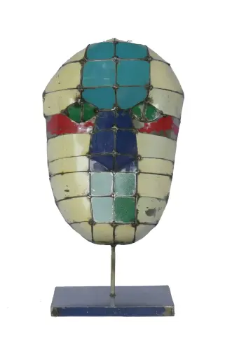 Product image of the product “Small Mask on stand - Modell 4, 53cm height, sculpture from upcyceled oil barrel. ”